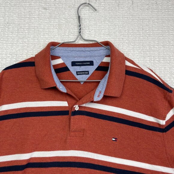 Tommy Hilfiger Performance Pique Polo Shirt Men orange Striped Golf /Tennis Read - Picture 2 of 16